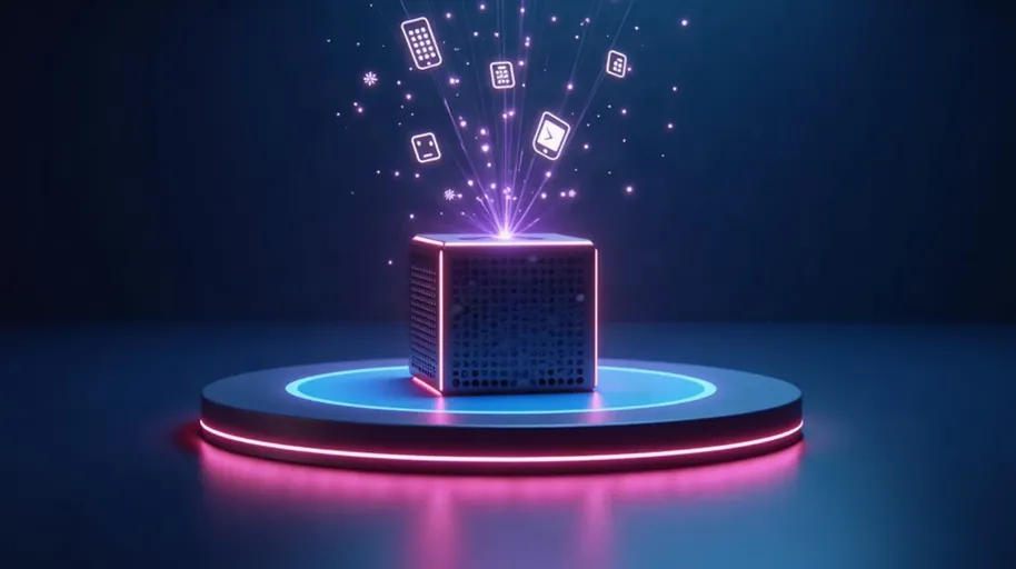 Компактний сервер із n8n на платформі, зʼєднаний світловими нитками із сервісами