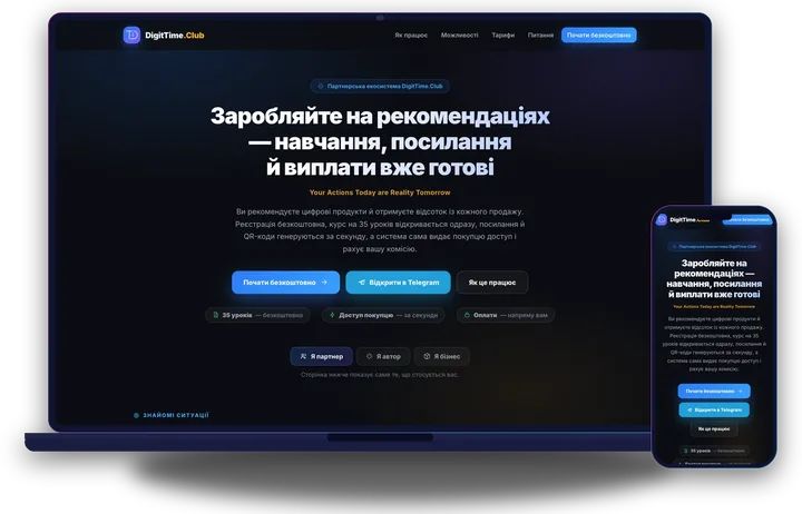 Партнерська екосистема DigitTime.Club на ноутбуці й телефоні